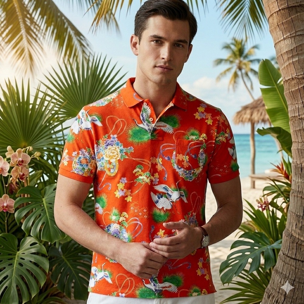 Polo Ralph Lauren Polo Shirt Mens XXL Orange Japanese Crane Floral Print Cotton